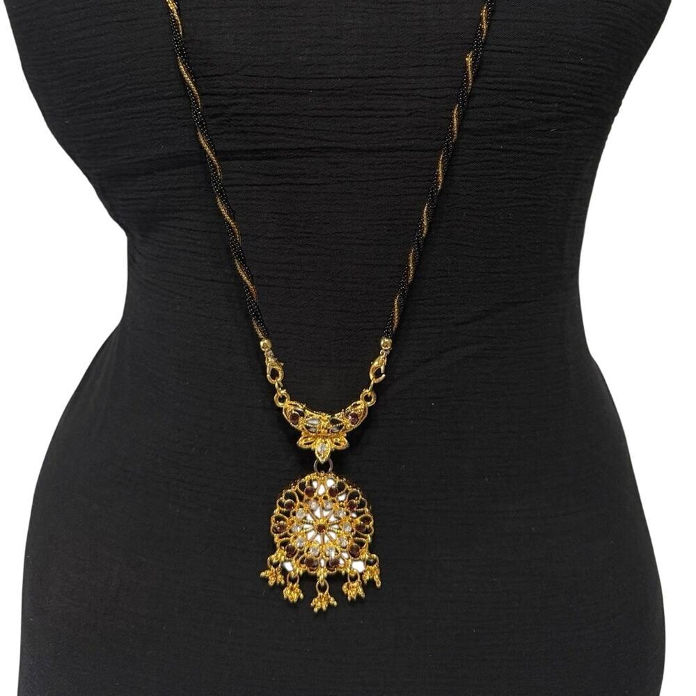 Gold Tone Beaded Filigree Medallion Necklace 16” Drop